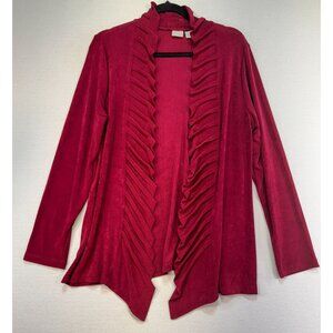 Chicos Travelers Womens Ruffle Open Front Cardigan Size 1-8/10 Dark Red Stretch